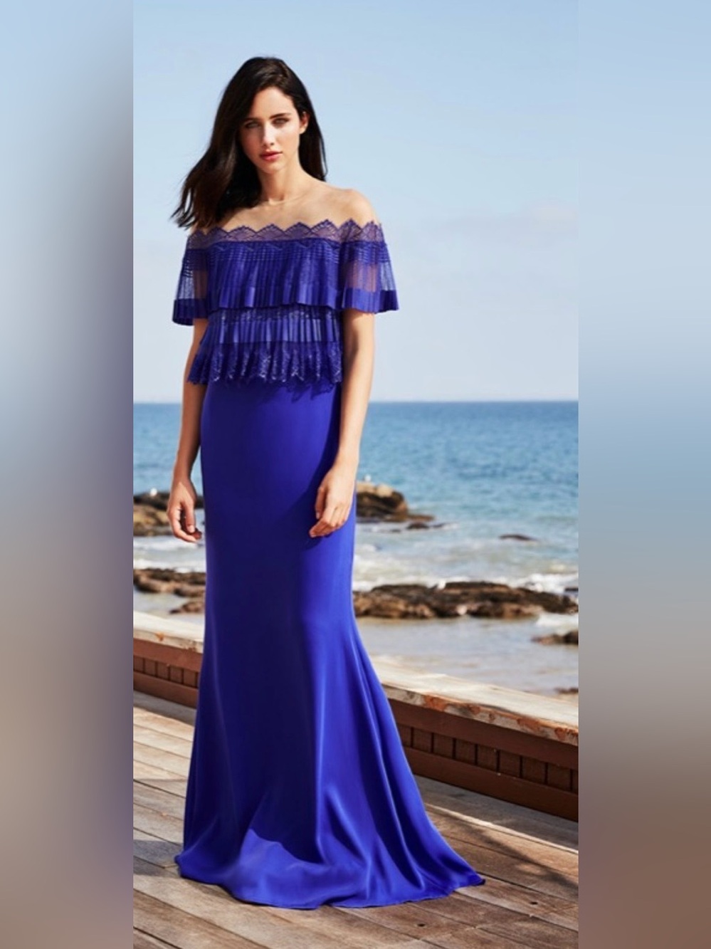 Tadashi Shoji Cobalt Off-Shoulder Lace Overlay Gown, size 10